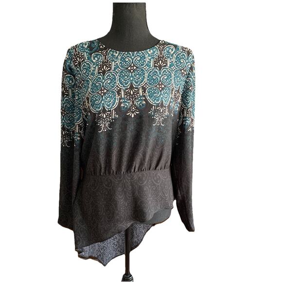 New NWT BCBG Maxazria Eugenie High Low Scroll Print Blouse MEDIUM Georgette Top - Picture 1 of 14